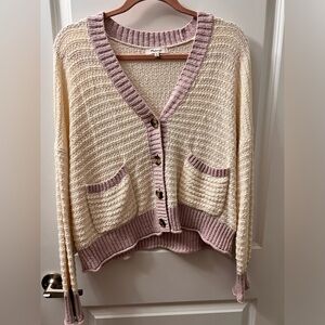 Madewell Cream and Purple Textured Knit Cardigan